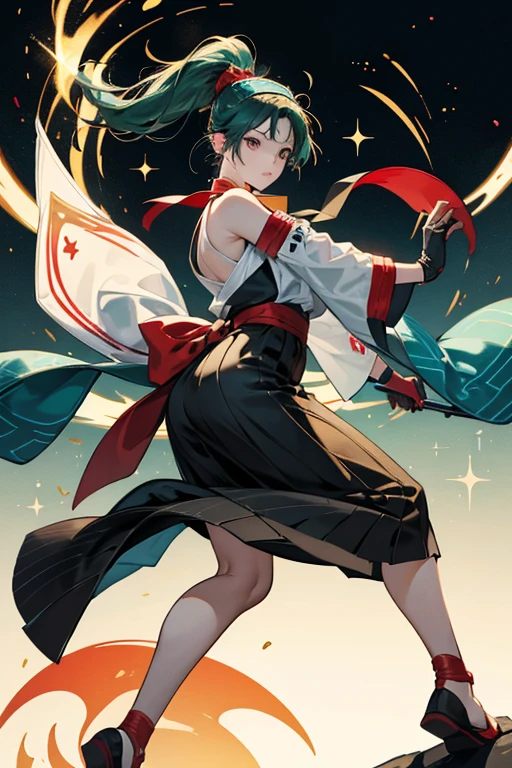 Asuka's third outfit is a slightly altered version of her Tekken 5 Player 1 outfit. She wears black hakama with teal, white, and gold wave patterns around the hem, as well as a swallow design on the bottom of the right leg. Her kosode has a pale green design over the left shoulder and a swallow over the right. With this, she wears a white headband, black and red gloves which wrap down to her elbow, and black, red, and gold foot wraps. SPARKLE; GLITTER