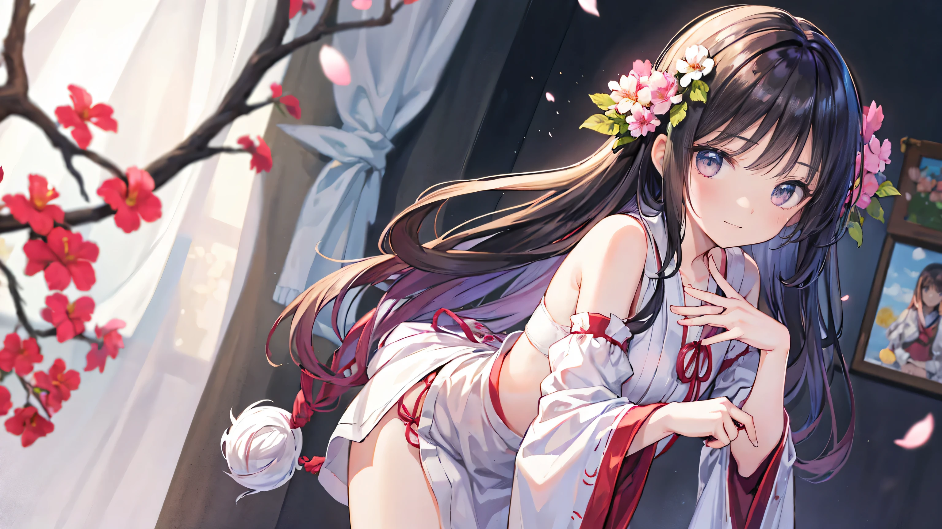 Normal of chest、masterpiece、8K wallpapers incorporating detailed CG、Two girls and two boys、12 years old、Baby Face、beautiful、smile、、Genuine、Blurred、Blurred_background、Blurred_prospect、branch、Plum offlower、depth_of_Field、flower、gem、nose、Realistic、pale black hair、alone、Shrine maiden costume、Hide your fingers、Hide your arms、Just put on a bra、whole body、Long Hair、Straight bangs、