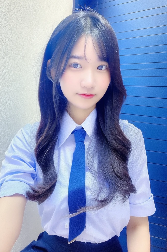 High school girl 18 years old wearing a light blue tie and a miniskirt with a white shirt, sfw