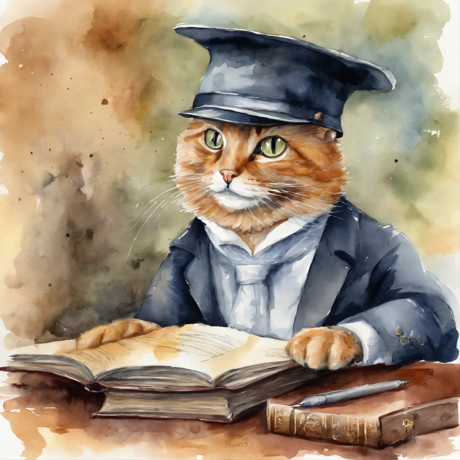 Cat in lawyer's uniform, suit, Hold documents in court.