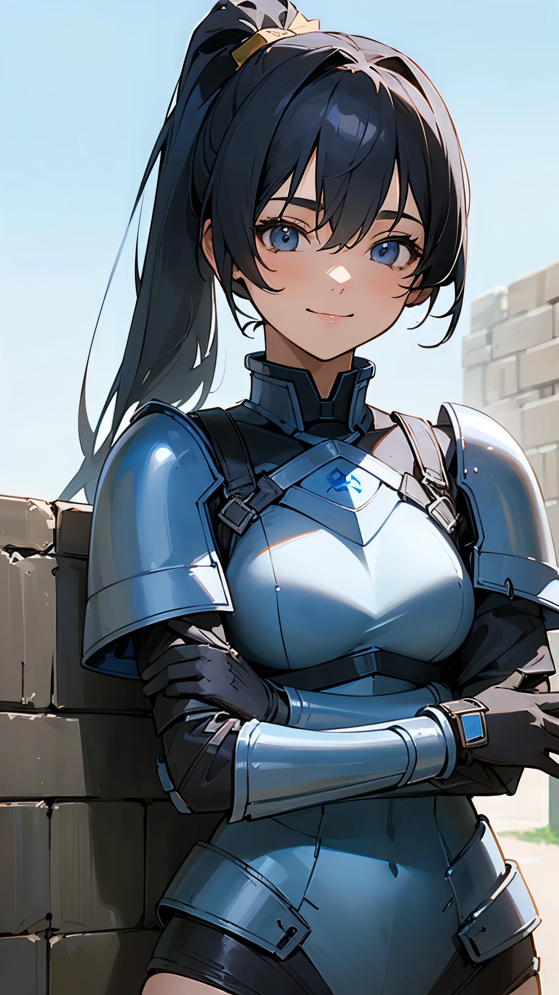 (highest quality,High resolution:1.2),18-year-old girl, Black Hair, Side Ponytail, smile, Lightweight blue bikini armor, Blue gloves, Relaxed pose, Blue sky background、In front of a block wall、Upper body close-up、Background blur、The depth of the drawn boundaries