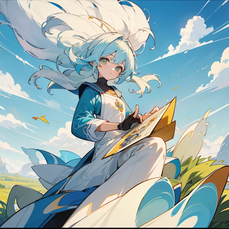 (melhor qualidade, High definition, obra de arte:1.2,), illustration, garota anime, in a blue sky, de cabelos longos e loiros, olhos azuis.
