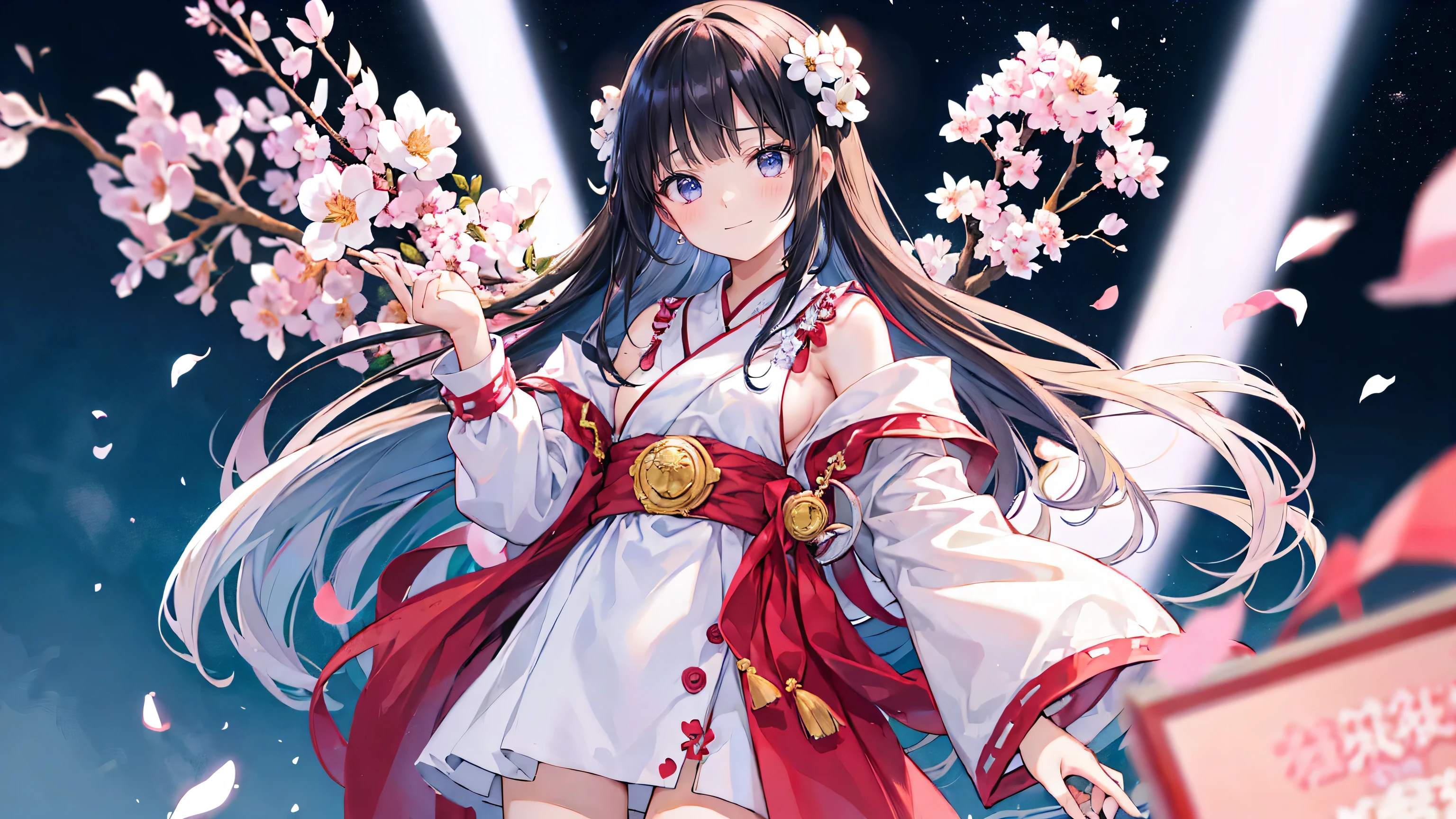 Normal of chest、masterpiece、8K wallpapers incorporating detailed CG、Two girls and two boys、、Baby Face、bemile、、Genuine、Blurred、Blurred_background、Blurred_prospect、branch、Plum offlower、depth_of_Field、flower、gem、nose、Realistic、pale black hair、alone、Shrine maiden costume、Hide your fingers、Hide your arms、Just put on a bra、whole body、Long Hair、Straight bangs、