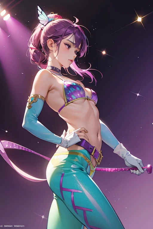 She wears periwinkle colored Capoeira pants made of a holographic fabric with a bright magenta rope belt that is also used to lace up the upper thighs of her pants and have a small butterfly ornament on the front with red and green beads holding the belt at her left hip. She also wears a purple and violet sequin bikini top, green gloves, and bronze armbands with a single red feather on each. This outfit is seen in her ending where she hugs Eddy at the Arena stage. SPARKLE; GLITTER