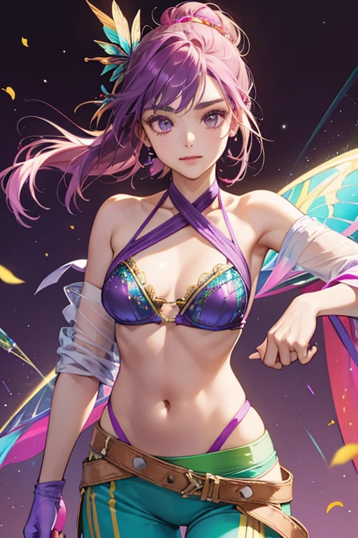 a very beautiful girl, front pose, cute fangs, shy, detailed hairstyle, lace details, garterbelt, walking, playing, rainbow bikini, beach background, dark makeup, tattoo, thin waist, random color clothes, hair with flowers details and back buns, (((short blue hair))), discret smile, (full body), detailed eyes, intricate details, octane render, 8k, hyperrealism, trending on artstation, ((digital painting)), WLOP, Stanley Artgerm Lau, Greg Rutkowski, Ross draws, Mark Brooks, Brian Froud, 8k resolution, hyper detailed, 8k portrait, intricate, elegant, highly detailed, majestic, digital photography, art by artgerm and ruan jia and greg rutkowski surreal painting gold butterfly filigree, masterpiece, sidelighting, finely detailed beautiful eyes, hdr