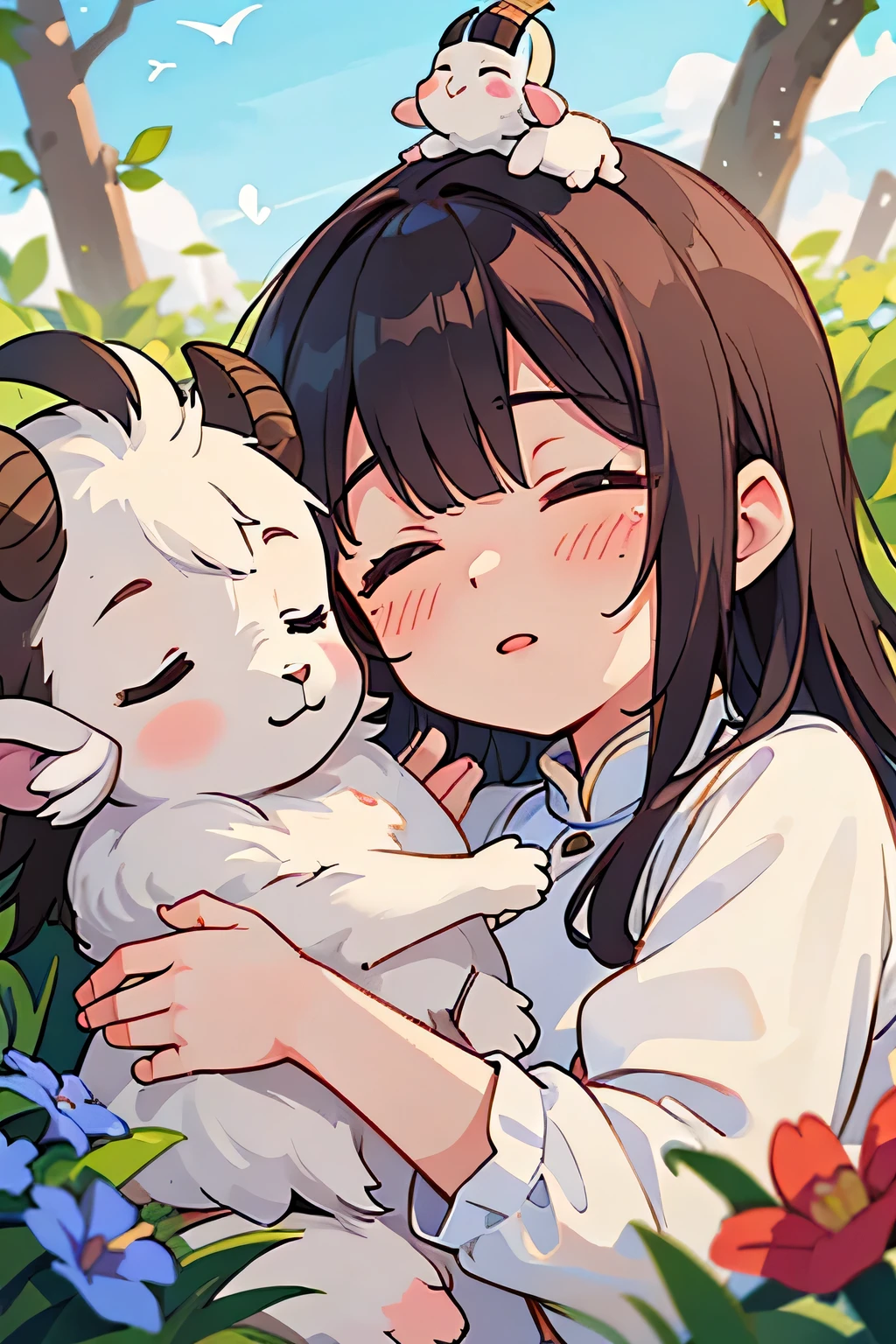 highest quality、High resolution、Detailed Background、(Beautiful face in every detail:1.4)、Anatomically correct、(Draw the usual number of fingers:1.2)、(Detailed facial expressions)、Beautiful women in their 20s、(Highly detailed face:1.4)、Feeling warmth and happiness、Adorable moments between people and animals、A field with a blue sky、
(A beautiful woman and a baby goat are sleeping together, sharing a sense of security and love with each other.:1.5)、
Lying on the lap of a beautiful woman、
That is soft、The fluffy fur brings comfort to the 's hands every time it touches them.、
The beautiful girl rests her head on the baby goat's belly and slowly falls asleep, feeling safe and secure.、
The wind blows gently、Flowers around々is swaying gracefully、
In this tranquil setting, the beautiful girl and the baby goat share a comfortable warmth and bond.