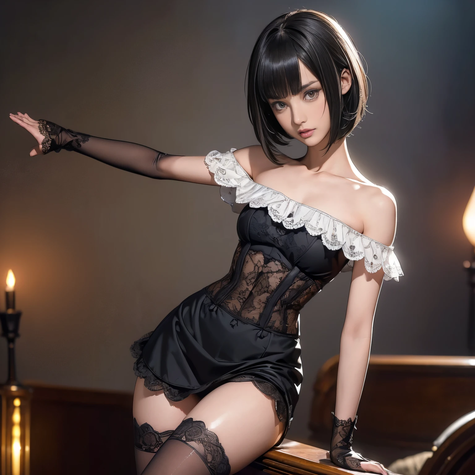 (((masterpiece, best quality, Super detailed))), 1 female, (((Very thin body))) , (((length, Thin legs))), (((Black Short Bob, Thick shaggy bangs ))), (((The face is rich in detail))), no cosmetics, Small and thin nose, Thin mouth and small lips, (((Eyes are very sharp))), Slender light grey eyes,Differs greatly, sparkle like a gem, length eyelashes, ((Highly decorative and complex mechanical steampunk fashion, Lace flared mini skirt, Above the knee lace stockings, Lace Off Shoulder Lolita Fashion, Over-embellished fashion)), Abandoned Night, Complex mechanized steampunk factory on fire、explode, (((Overall accuracy significantly improved, creating a Super detailed and realistic image))), Surreal photos., ((15-year-old girl, Slim, Thin waist, Thin thighs, Thin arms)), ((Raise your arms, Please show me your armpits))