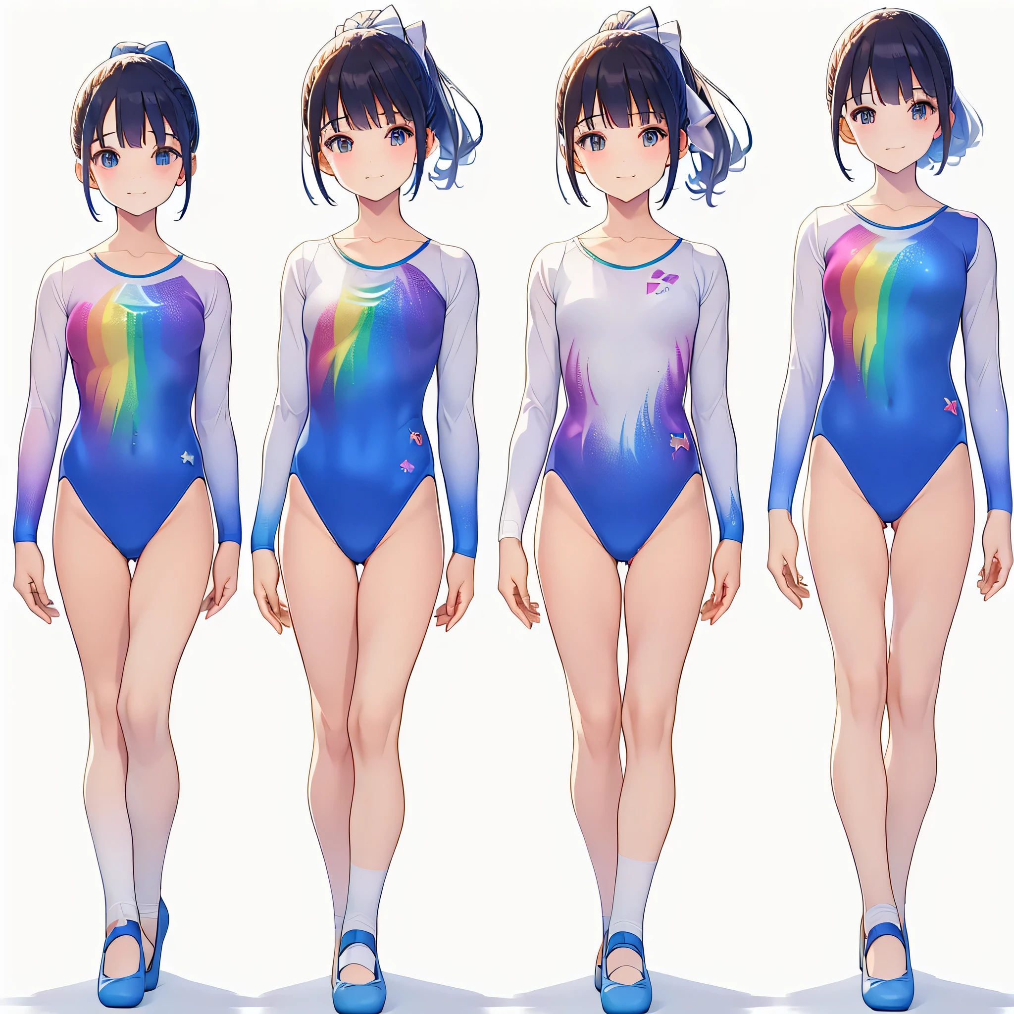 Gymnastics club,(4 girls:1.3),(long sleeves leotard:1.3),(rainbow print leotard:1.3),(white leotard),full body, pony tail, blue ribbon, long hair, (over 16 years old, under 19 years old:1.2), ballet shoes, white background