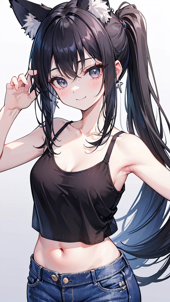 (masterpiece、best quality、Ultra Detailed)、A girl、Fox ears,Black Hair、Mullet hairstyle、Gray eyes、earrings、Smile、The chest is moderate、((Black Camisole))、belly button、jeans、Cowboy shooting、Bedroom background