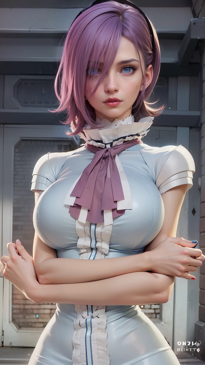 (female:1.2), 8k, ultra hd, ultra detailed texture, hyper realistic, masterpiece, detailed texture, detailed face, detailed skin, detailed lighting, (photorealistic:1.5), best quality, beautiful lighting, cinematic lighting, professional lighting, ultra highres, realistic, detailed hair, real hair, high quality, (realskin:1.5), extremely detailed, finely detail, ultra-detailed, 1girl, solo, elf, pointy ears, standing, demon horns, forehead protector, (blue eyes:1.5), v-shapped eyebrow, lips, red lips, evil smile, nose, make up, pretty, beautiful, cute face, long hair, blue hair, high ponytail, large breasts, cleavage, armpit, navel, stomach, black armor, pauldrons, bare shoulders, shoulder armor, thigh high, sleevless, detached sleeves, breastplate, gauntlets, karina \(mobile legends\), depth of field, looking aways, white skin, skin tight, amazing pose, outdoors, glowing, dark view.