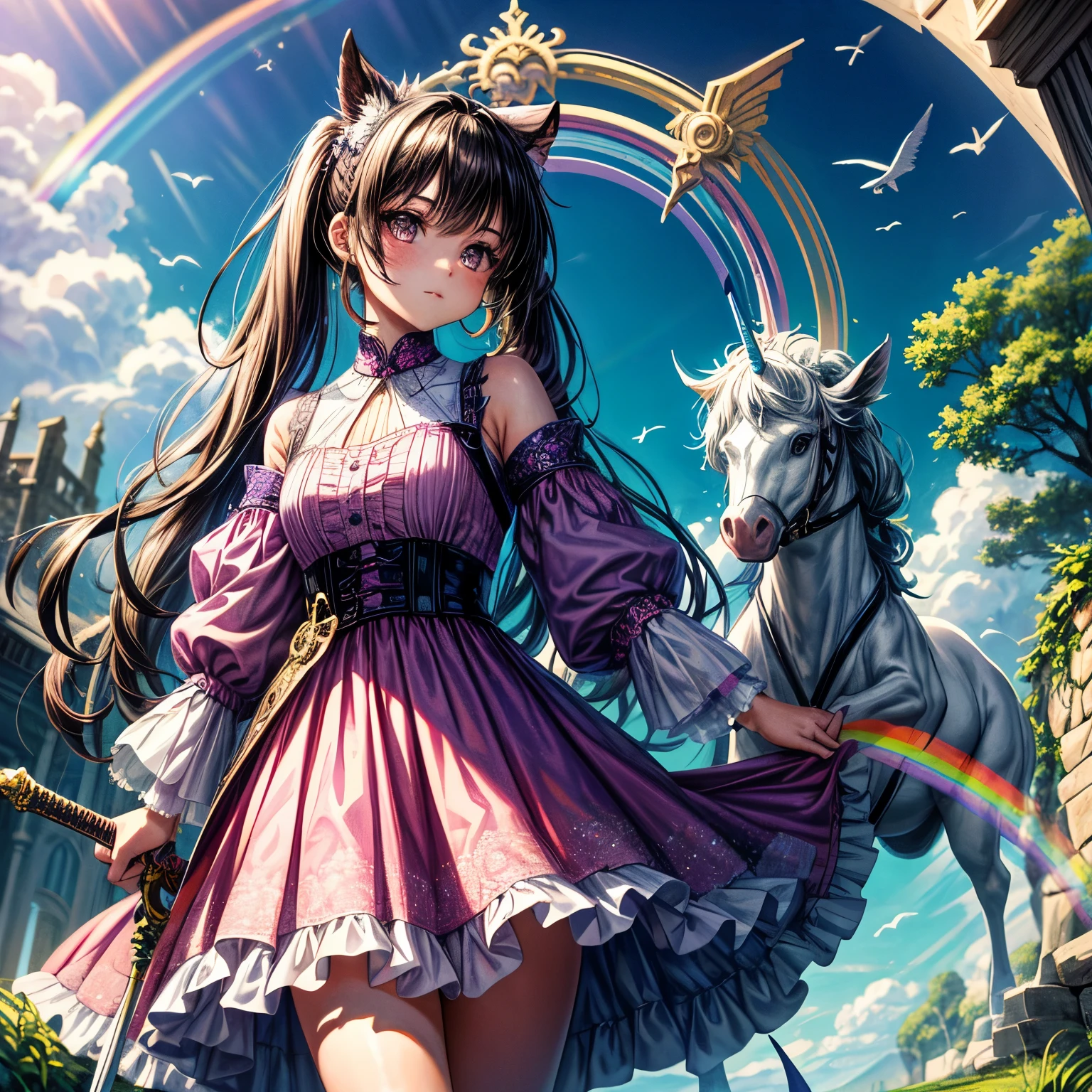 A breathtaking drawing of a 6-year-old girl with dark hair and bangs adorns the page. Her outfit consists of a purple and pink dress, complete with pocas pecas (pigtails). In her hand, she holds a magical wand and a sword, adding an element of adventure to her appearance. The girl rides a majestic white unicorn with a rainbow horn, adding a touch of fantasy to the scene. As she journeys through a rainbow archway, the background is filled with a beautiful assortment of clouds against a clear blue sky. The highest quality and most intricate details have been employed to create this masterpiece.