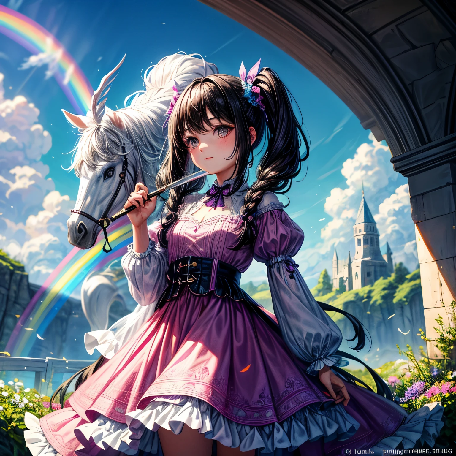 A breathtaking drawing of a 6-year-old girl with dark hair and bangs adorns the page. Her outfit consists of a purple and pink dress, complete with pocas pecas (pigtails). In her hand, she holds a magical wand and a sword, adding an element of adventure to her appearance. The girl rides a majestic white unicorn with a rainbow horn, adding a touch of fantasy to the scene. As she journeys through a rainbow archway, the background is filled with a beautiful assortment of clouds against a clear blue sky. The highest quality and most intricate details have been employed to create this masterpiece.