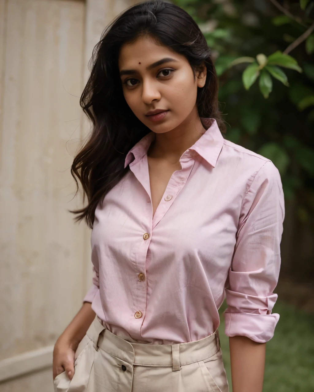 Tanvi in a pink button-down shirt tucked into a pair of high-waisted, wide-legged trousers. Close up look with face. Realistic, best quality image.