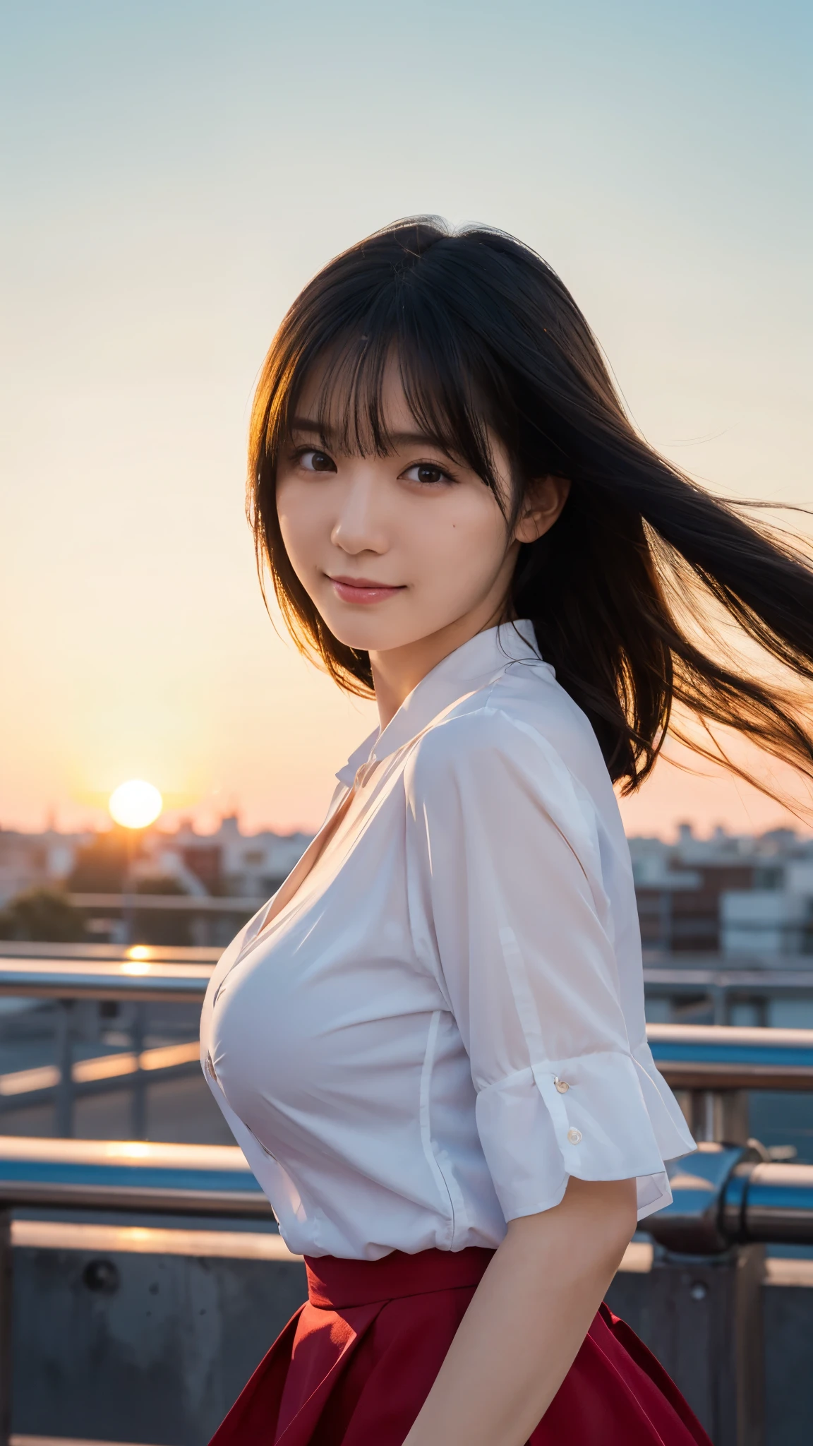 (highest quality,masterpiece:1.3,Ultra-high resolution),(Super detailed,Caustics,8k),(Photorealistic:1.4,RAW shooting),Japanese,23 years old,cute,Are standing,(smile),(Looking into the camera),Black Hair Middle Hair,Big Breasts,White blouse,Knee-length skirt,Strong winds,Hair blowing in the wind,Rooftop,Backlight,Sunset,Sunset sky,(Bust up shot),(Face Focus:1.1),(Face close up:1.1),Low position,Low - Angle,Natural light