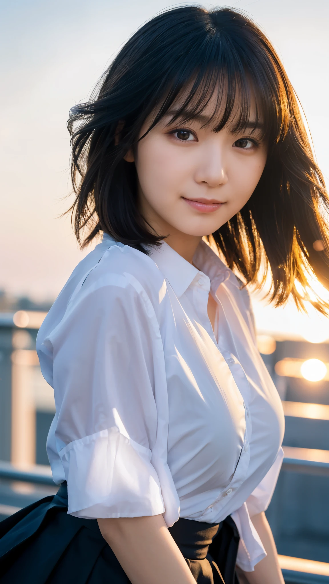 (highest quality,masterpiece:1.3,Ultra-high resolution),(Super detailed,Caustics,8k),(Photorealistic:1.4,RAW shooting),Japanese,23 years old,cute,Are standing,(smile),(Looking into the camera),Black Hair Middle Hair,Big Breasts,White blouse,Knee-length skirt,Strong winds,Hair blowing in the wind,Rooftop,Backlight,Sunset,Sunset sky,(Bust up shot),(Face Focus:1.1),(Face close up:1.1),Low position,Low - Angle,Natural light