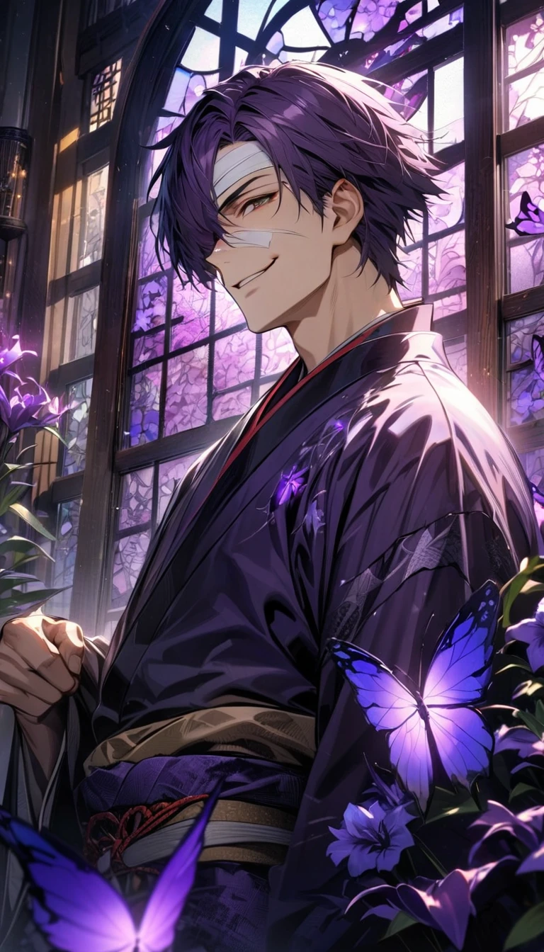 absurdres, highres, ultra detailed, HDR, master piece, best quality, Takasugi Shinsuke, dark purple hair, short hair, expressive brown eyes, hair over his left eye, Gintama, bandages on the forehead, smirk, solo, man, handsome, kimono, glass stained window, purple shining butterflies, purple lilies, purple petals