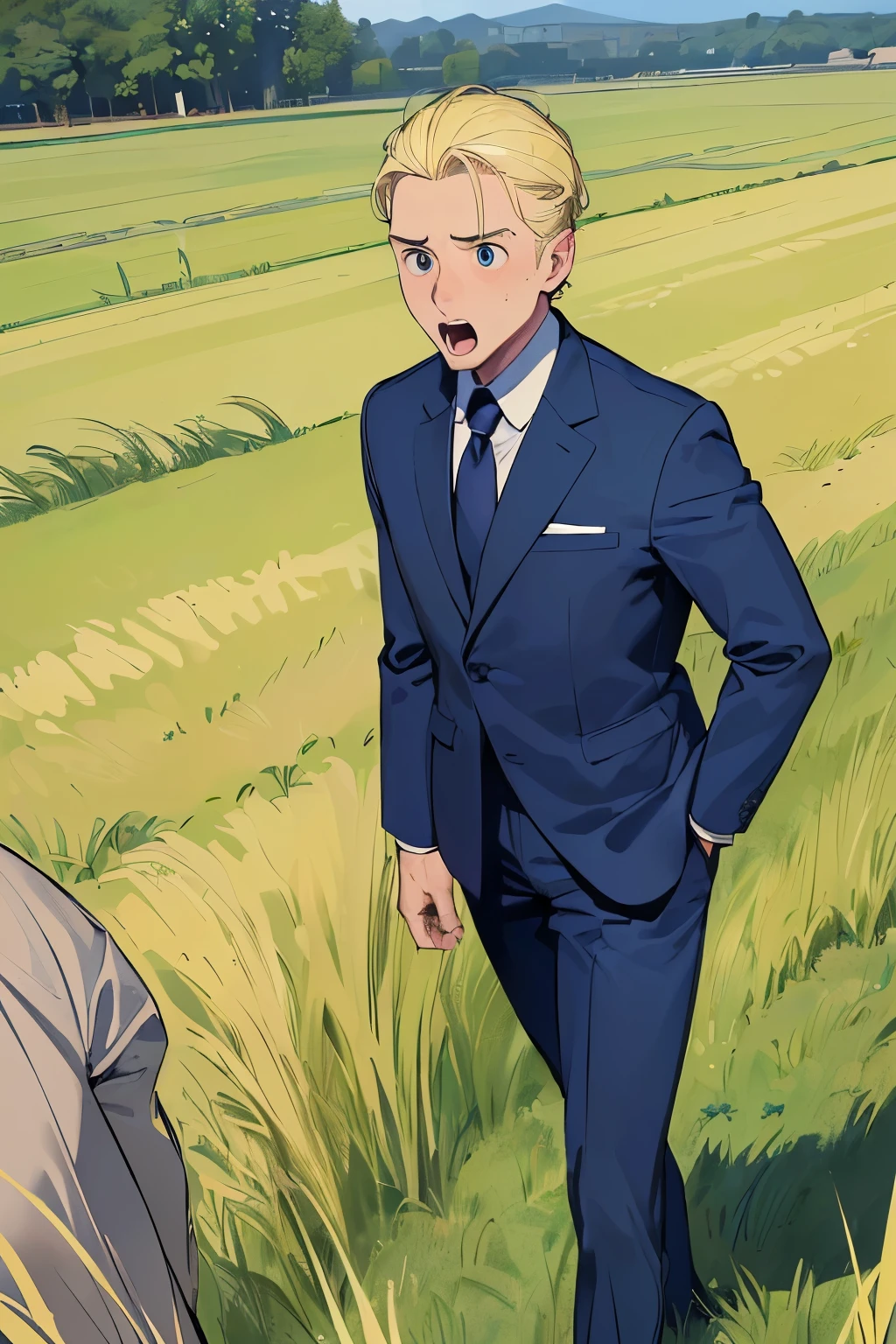 ((best quality)), ((masterpiece)), ((detailed)), (((perfect face))), (((40yo blonde man in navy blue suit))), (((surprised:1.5))), (((grass field))), (((walking))), (((big wide eyes)))