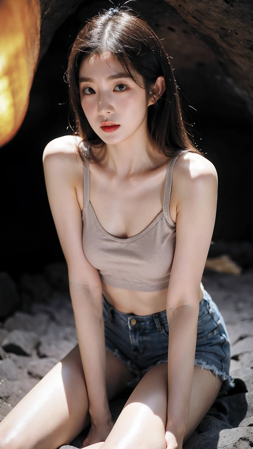 ((1girl)), in nobra tank top, instant camera flash, makeup with glossy lip, small breasts, (tank top with no bra), various angle, cowboy shot, 23 years old, Beautiful Korean Girl, (nsfw:1.4), realistic light, realistic skin tone, look at viewer, (sitting pose), ((in the cave))