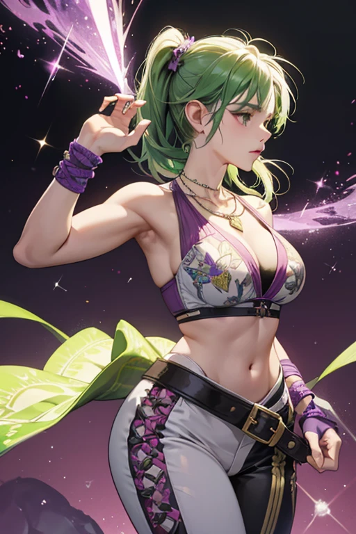 Kuki Shinobu Genshin Effect, masterpiece, bestquality, 1girls, bara, crop top, shorts jeans, choker, (Graffiti:1.5), color splashes, arm behind back, against wall, looking at the audience, bracelet, Thigh strap, Paint on the body..............................., Head tilt, bored, multicolored hair, water eyes, headset,