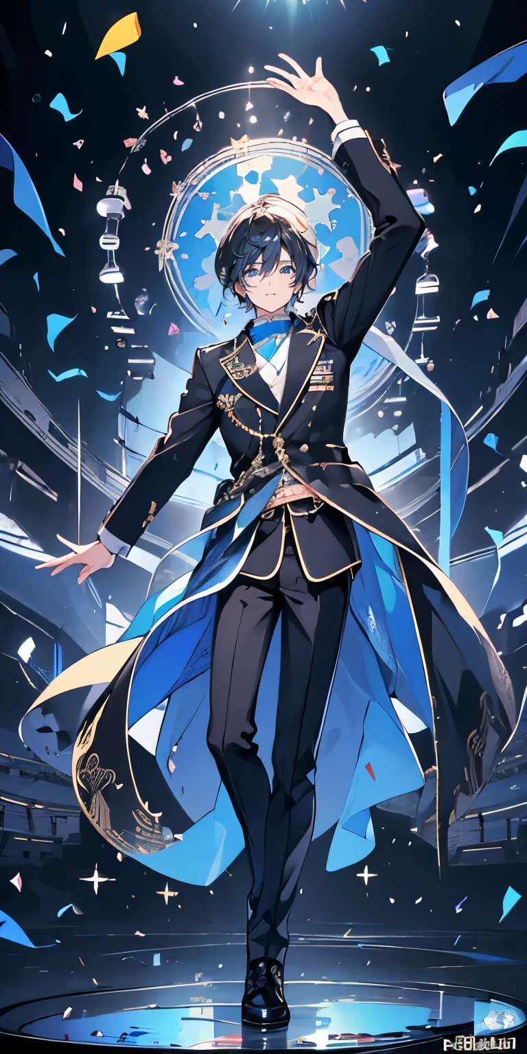 (Mastepiece), (Best Quality), Very detailed, ((1 boy)), Perfect Face, Beautiful Face, Very detailedな顔，((Black Hair_Blue eyes:1.3))，Full body photography、Male solo idol、microphone、Concert Dome、Lots of confetti、smile、Sing with your mouth wide open、dance