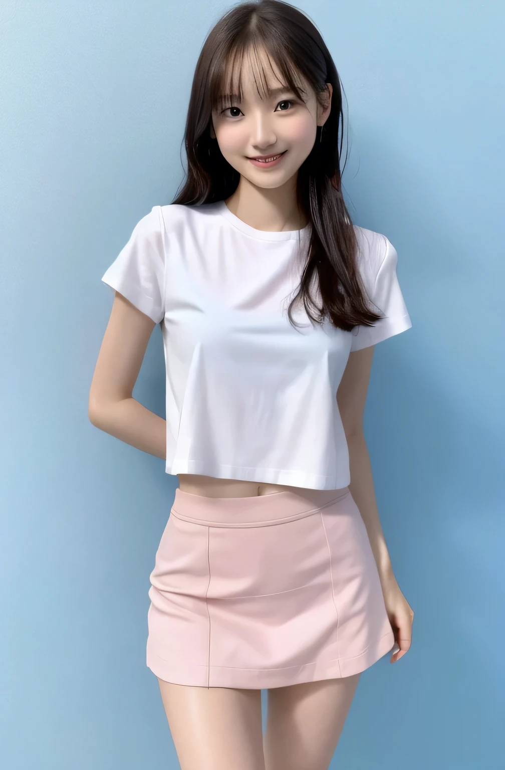 ((Ultra-high resolution,8K)),16 years old、Small breasts, , Nogizaka Idol, Light blue mini skirt, White shirt, Front opening of the shirt,Idol Sculpture, Wet, smile、Pink wall、sexy、slender、Shapely small breasts,