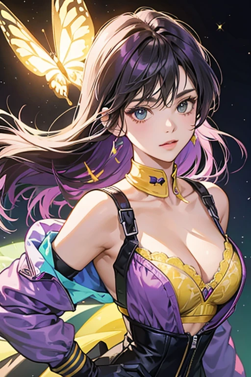 but her bra top is now yellow with the butterfly-shaped pin now on her upper back. Her gloves are now purple instead of black and her arm bands are a brighter green. SPARKLE; GLITTER