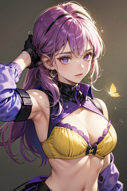but her bra top is now yellow with the butterfly-shaped pin now on her upper back. Her gloves are now purple instead of black and her arm bands are a brighter green. SPARKLE; GLITTER