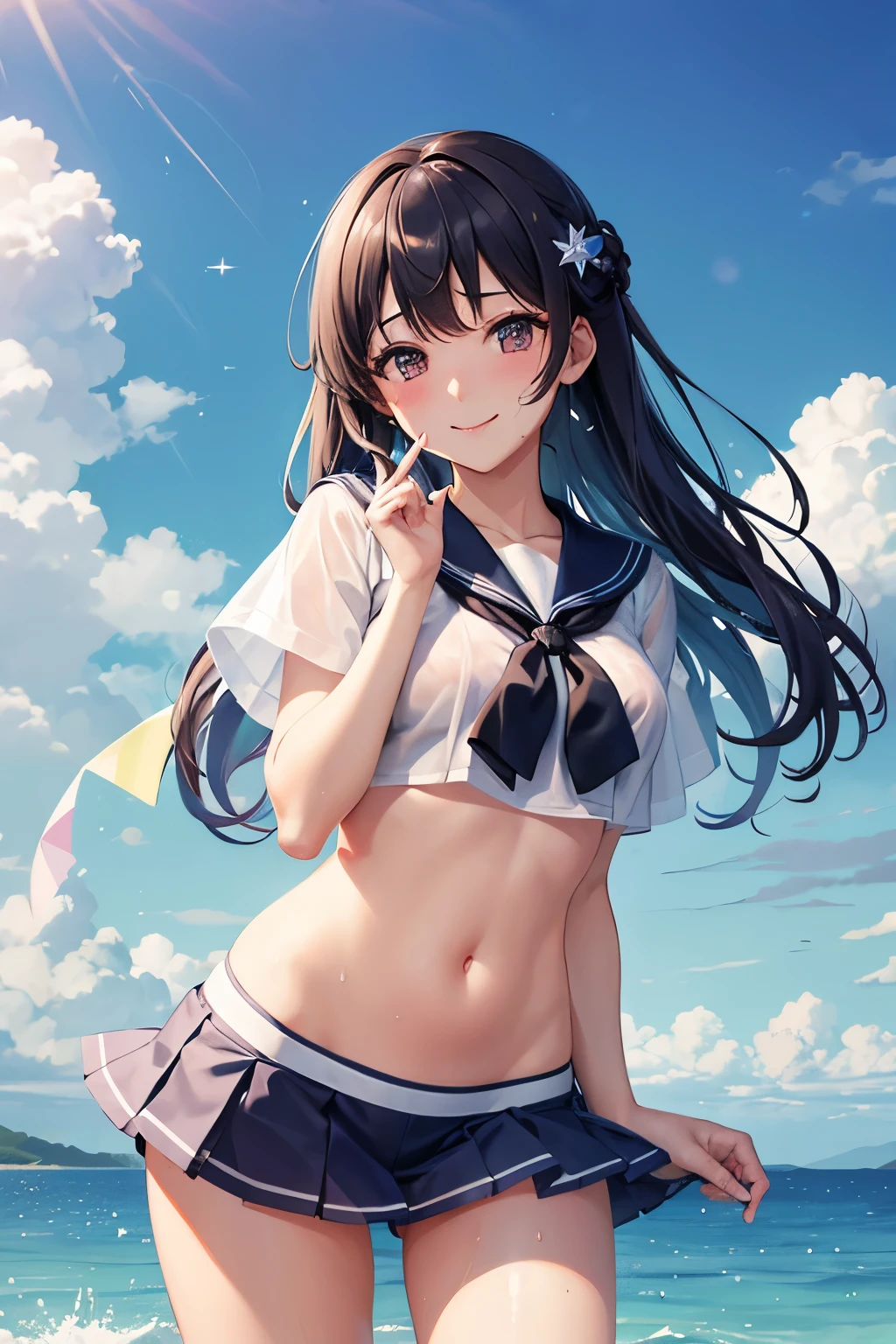 （（highest quality、Masterpiece、Normal body、8k、Detailed face、Ultra-precision、Normal hand、Normal finger、５Finger、Highest））rainbow髪、Sailor suit、Miniskirt、Fashionable underwear、Gentle Breeze、Shy smile、blush、water droplets、soaked、Wet and see-through、Sailor suitがWet and see-throughて下着が見える、Embarrassed, she hides her chest and crotch、rainbow