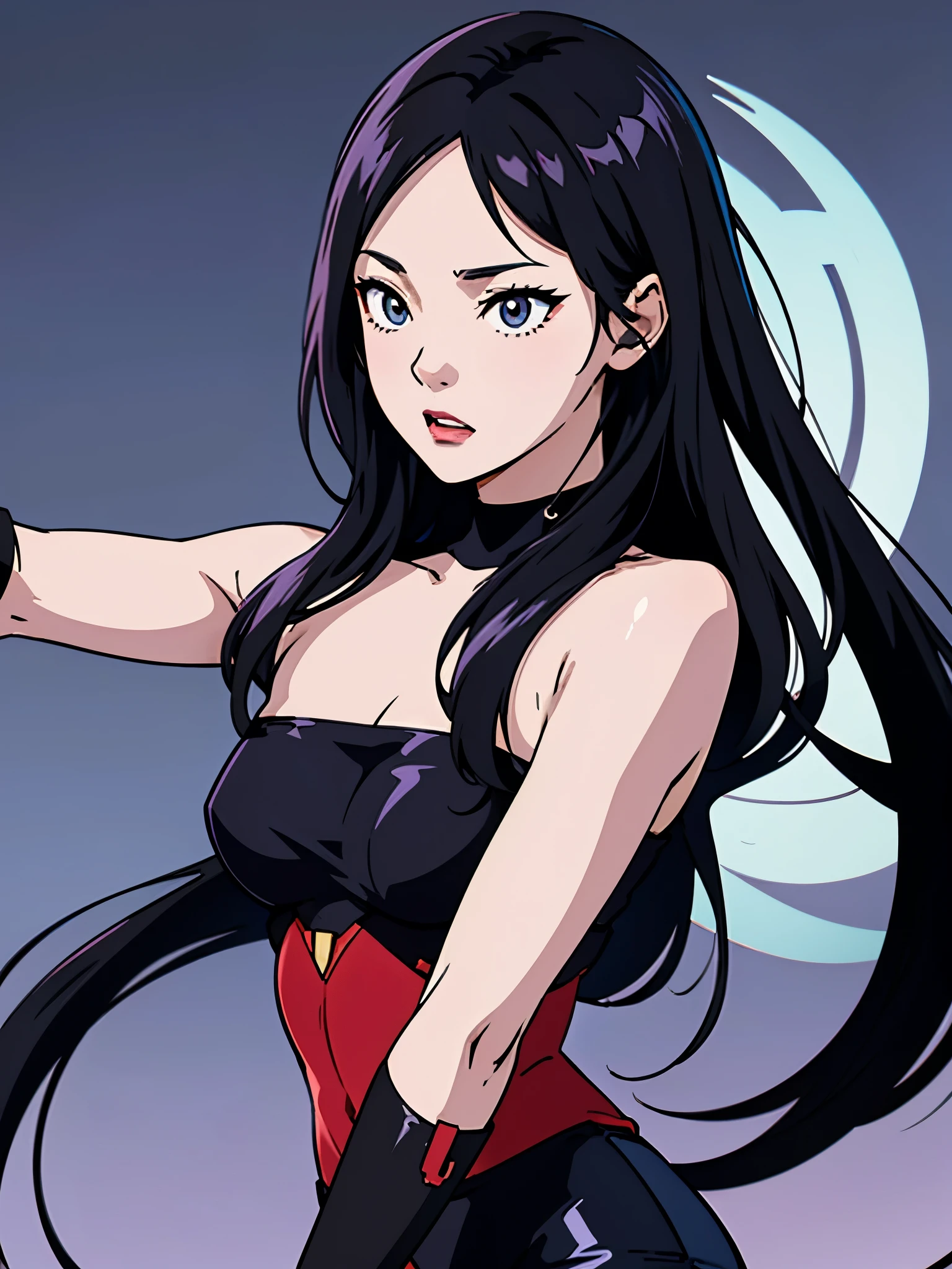 digital art drawing, illustration of (girl, long dark black hair mid part, brown eyes, sexy facial expression, flat chest, light blue corsette, single arm black sleeve, cyberpunk background), anime drawing/art, bold linework, illustration, digital art, masterpiece, flat illustration, no shadows, 8k resolution, high detail, vector art, only anime, perfect eyes, perfect hands, perfect fingers, sharpness, high clarity, medium close up, high fidelity