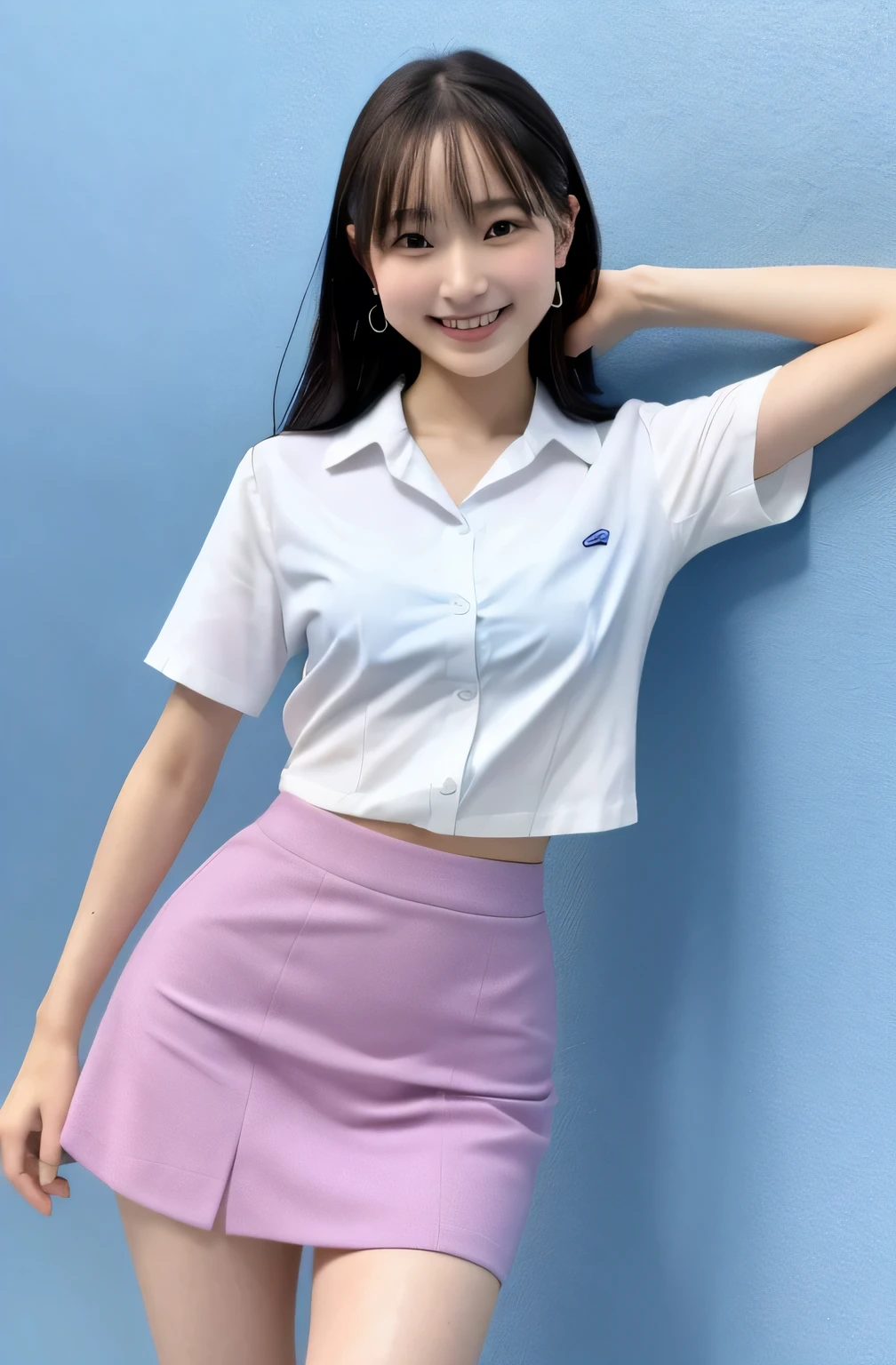 ((Ultra-high resolution,8K)),、Small breasts, , Nogizaka Idol, Light blue mini skirt, White shirt, Front opening of the shirt,Idol Sculpture, Wet, smile、Pink wall、sexy、slender、Shapely small breasts,