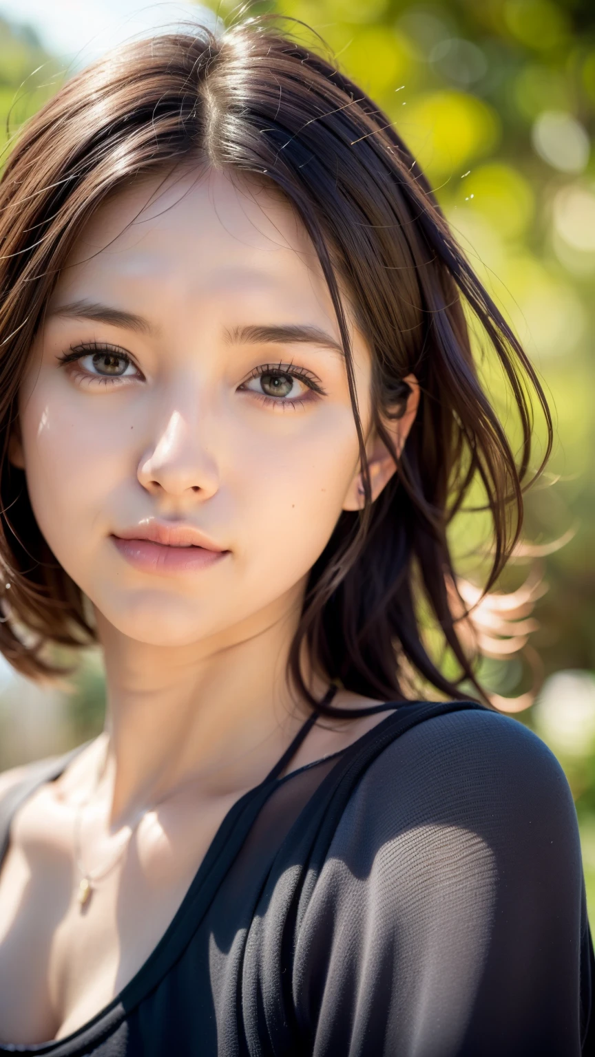 ((highest quality, 8k, masterpiece: 1.3, RAW Photos)), Sharp focus: 1.2, (1. AESPA Girl: 1.1), (Realistic, photo-Realistic:1.37), Face Focus, Cute face, kind, Brunette short messy hair, Sitting, mini skirt, Cute camisole,The chest is visible,, garden, garden, sunlight, Cinema Lighting,(head shot:1.5)
