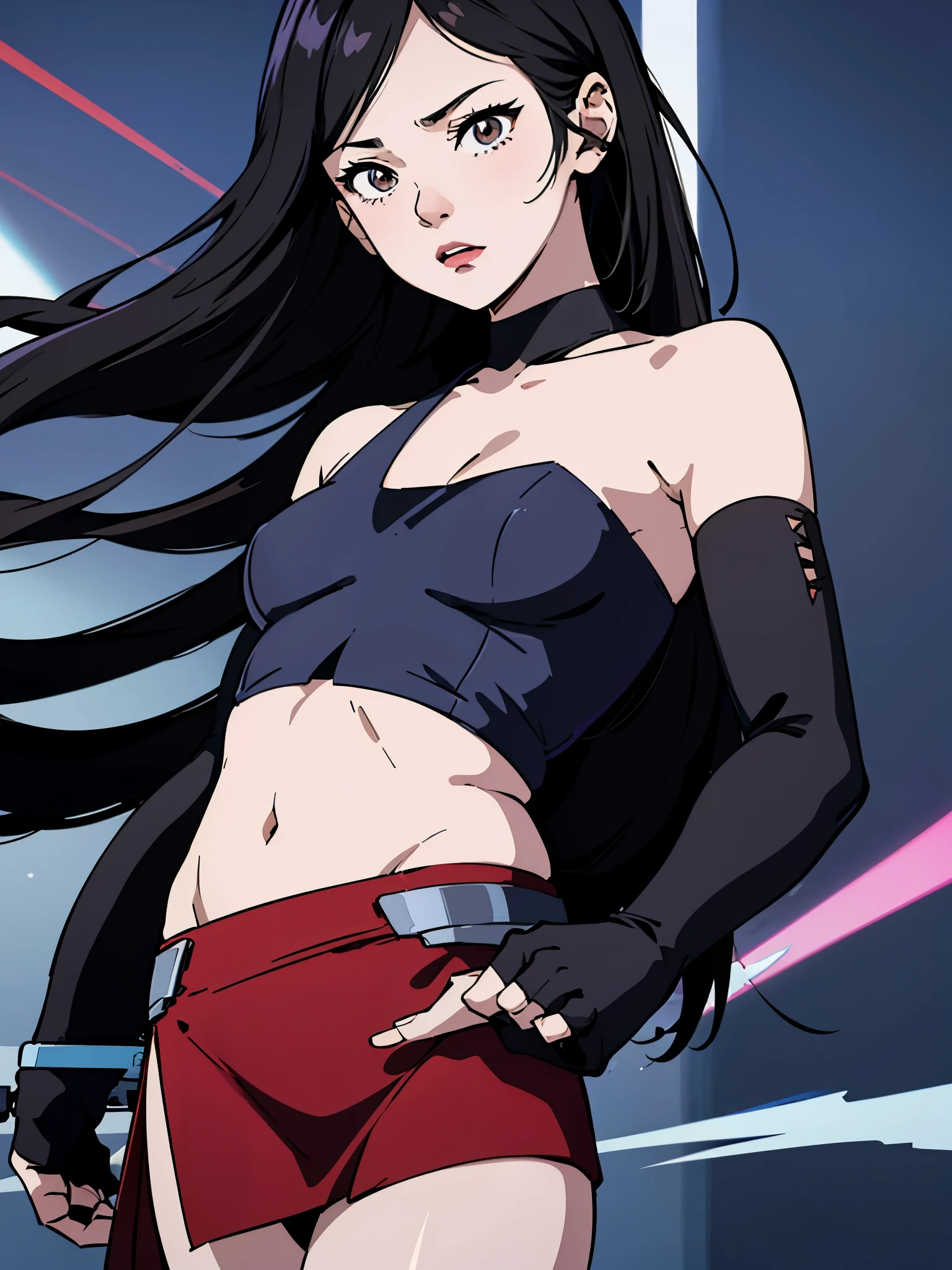 digital art drawing, illustration of (girl, long dark black hair mid part, brown eyes, sexy facial expression, flat chest, light blue corsette, single arm black sleeve, cyberpunk background), anime drawing/art, bold linework, illustration, digital art, masterpiece, flat illustration, no shadows, 8k resolution, high detail, vector art, only anime, perfect eyes, perfect hands, perfect fingers, sharpness, high clarity, medium close up, high fidelity