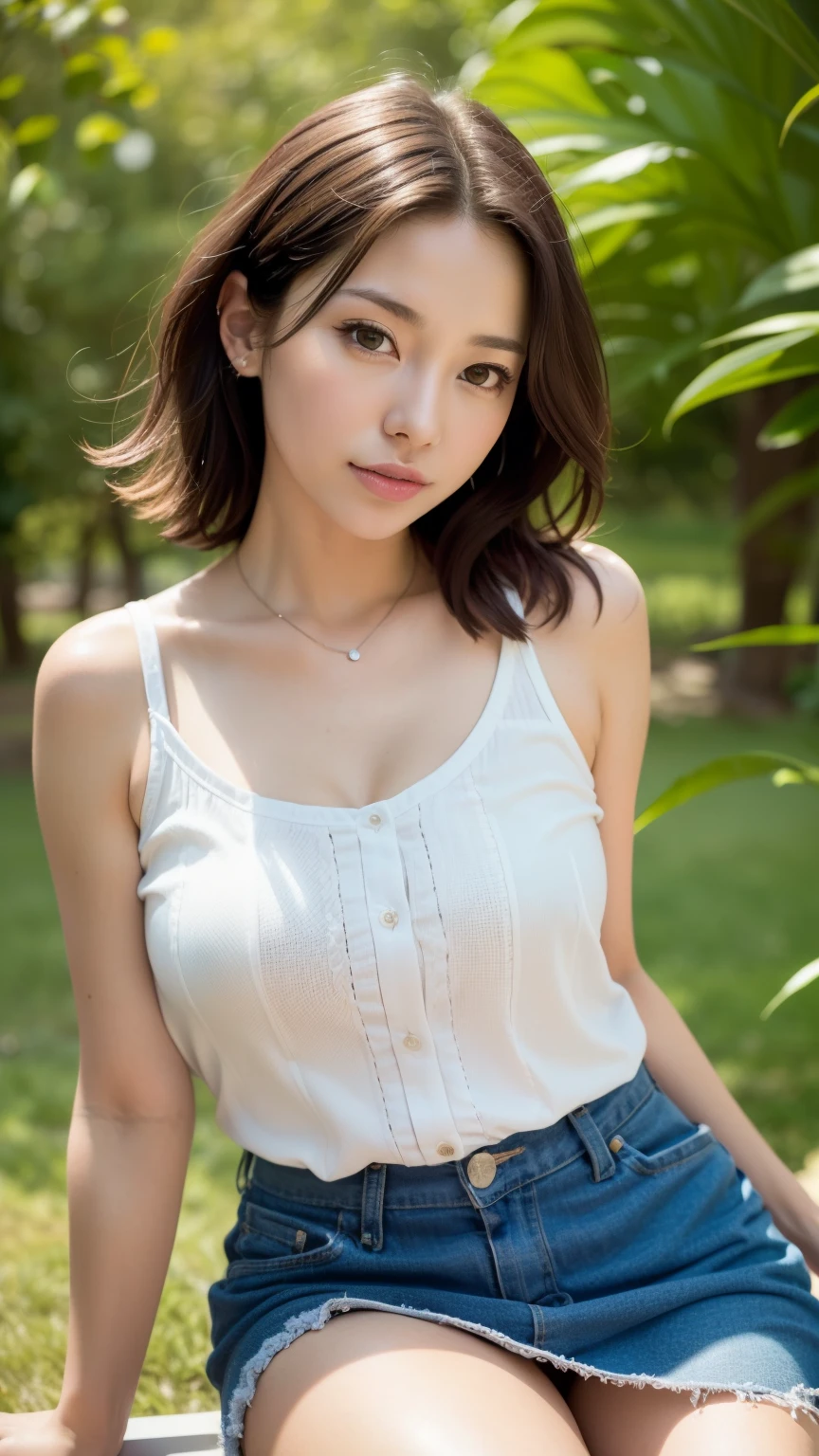 ((highest quality, 8k, masterpiece: 1.3, RAW Photos)), Sharp focus: 1.2, (1. AESPA Girl: 1.1), (Realistic, photo-Realistic:1.37), Face Focus, Cute face, kind, Brunette short messy hair, Sitting, mini skirt, Cute camisole,The chest is visible,, garden, garden, sunlight, Cinema Lighting,(head shot:1.5)