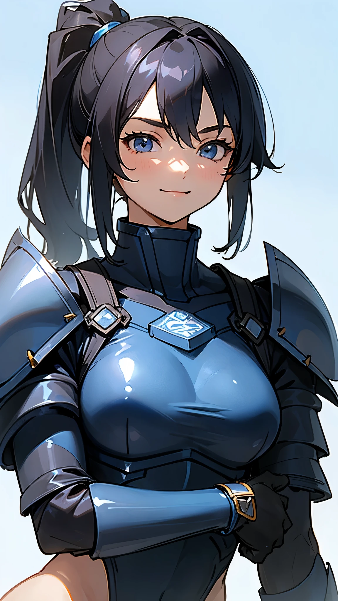 (highest quality,High resolution:1.2),18-year-old girl, Black Hair, Side Ponytail, smile, Lightweight blue bikini armor, Blue gloves, Relaxed pose, Muscular and slender body、Blue sky background、In front of a block wall、Upper body close-up、Background blur、The depth of the drawn boundaries