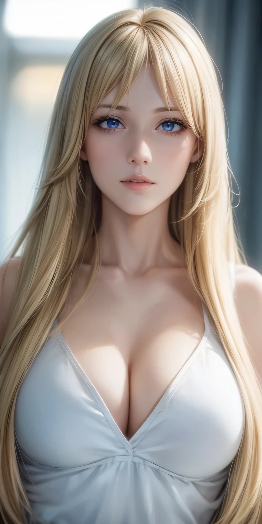 Upper body, elegant, adult woman, long neck, long blonde hair, bangs, casual outfit, cleavage, blue eyes, soft light, high quality, 4k resolution