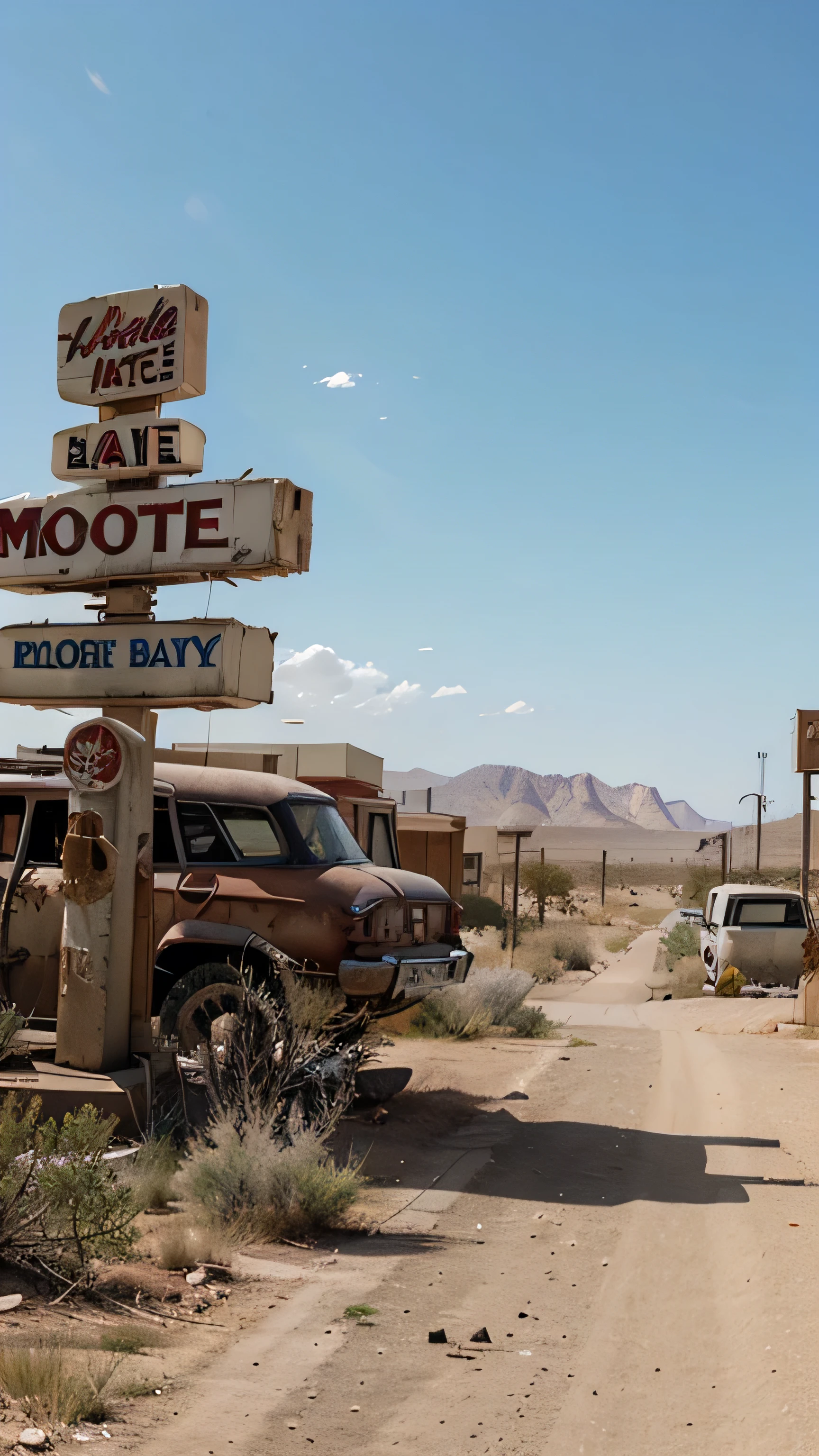 A desert post atomic with a ruined motel sign, fallout style