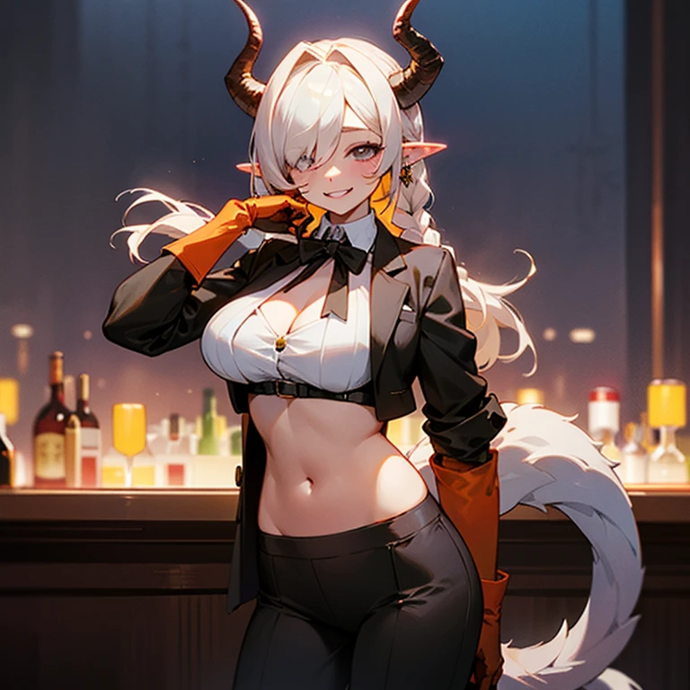 Masterpiece, best quality, expressive eyes, perfect face, 1girl, solo, horns, monster girl, pointy ears, breasts, smile, hair over one eye, night background, bar background, braid, tail, gloves, navel, jewelry, large breasts, milf, office_lady, neck_bow, suit