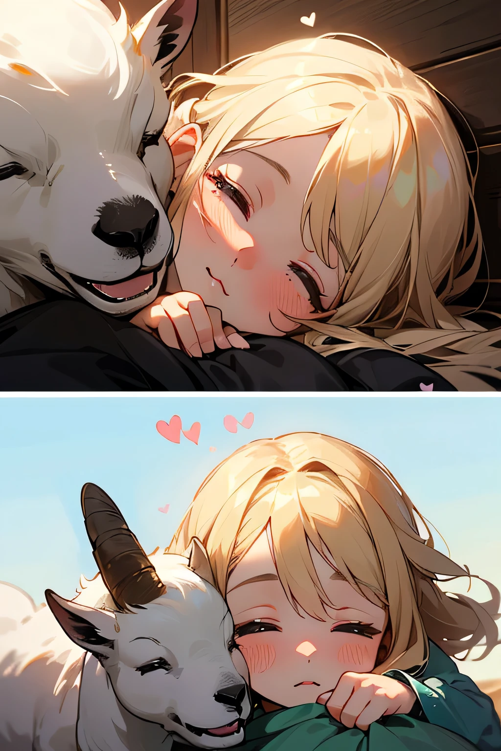 highest quality、High resolution、Detailed Background、(Beautiful face in every detail:1.4)、Anatomically correct、(Draw the usual number of fingers:1.2)、(Detailed facial expressions)、Beautiful women in their 20s、(Highly detailed face:1.4)、Feeling warmth and happiness、Adorable moments between people and animals、A field with a blue sky、

(A beautiful woman and a baby goat are sleeping together, sharing a sense of security and love with each other.:1.5)、

Lying on the lap of a beautiful woman、
That  is soft、The fluffy fur brings comfort to the little girl&#39;s hands every time it touches them.、
The beautiful girl rests her head on the baby goat&#39;s belly and slowly falls asleep, feeling safe and secure.、
The wind blows gently、Flowers around々is swaying gracefully、
In this tranquil setting, the beautiful girl and the baby goat share a comfortable warmth and bond.