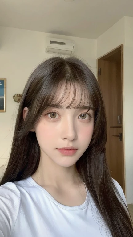 （realista， high resolution：1.3）， 1 garota com um corpo normal rosto e olhos super finos，cabelo comprido， random color coat：1.2 selfie casual garota de 14 anos escolar
