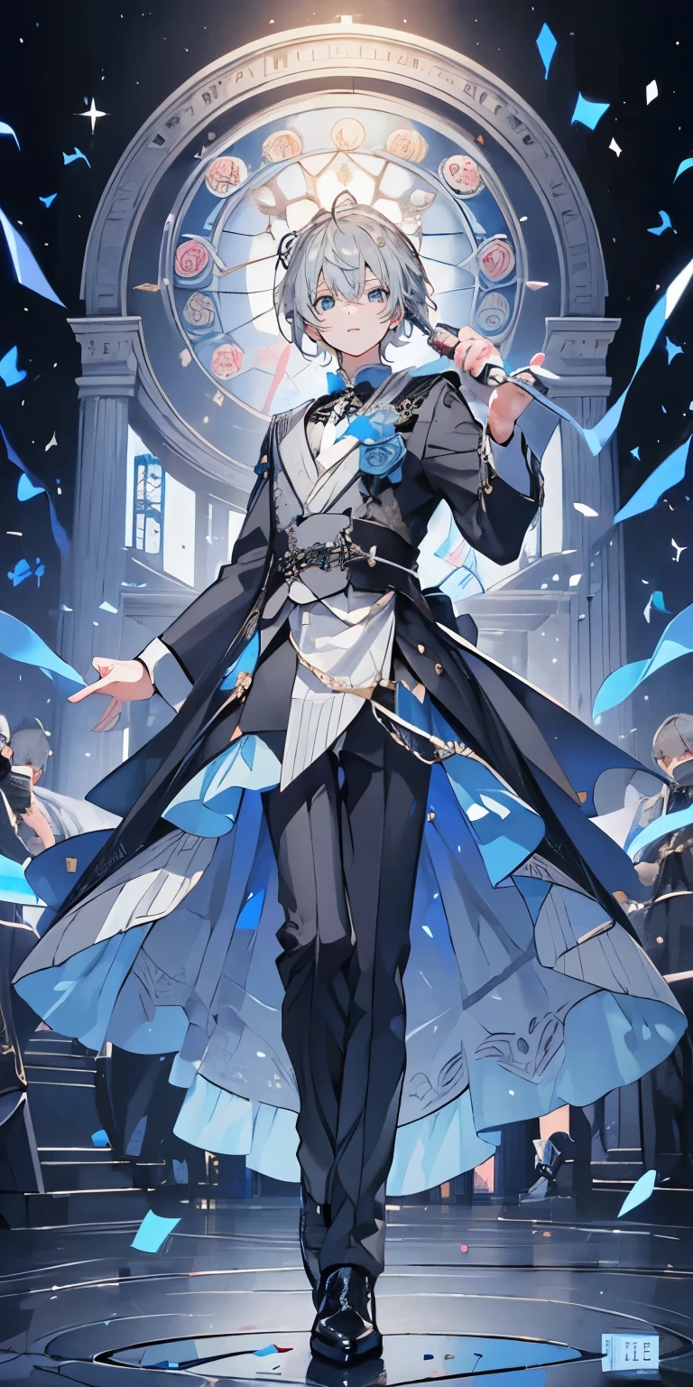 (Mastepiece), (Best Quality), Very detailed, ((1 boy)), Perfect Face, Beautiful Face, Very detailedな顔,((Gray Hair_Blue eyes:1.3)),Full body photography、Male solo idol、microphone、Concert Dome、Lots of confetti、smile、Open your mouth wide、sing、dance