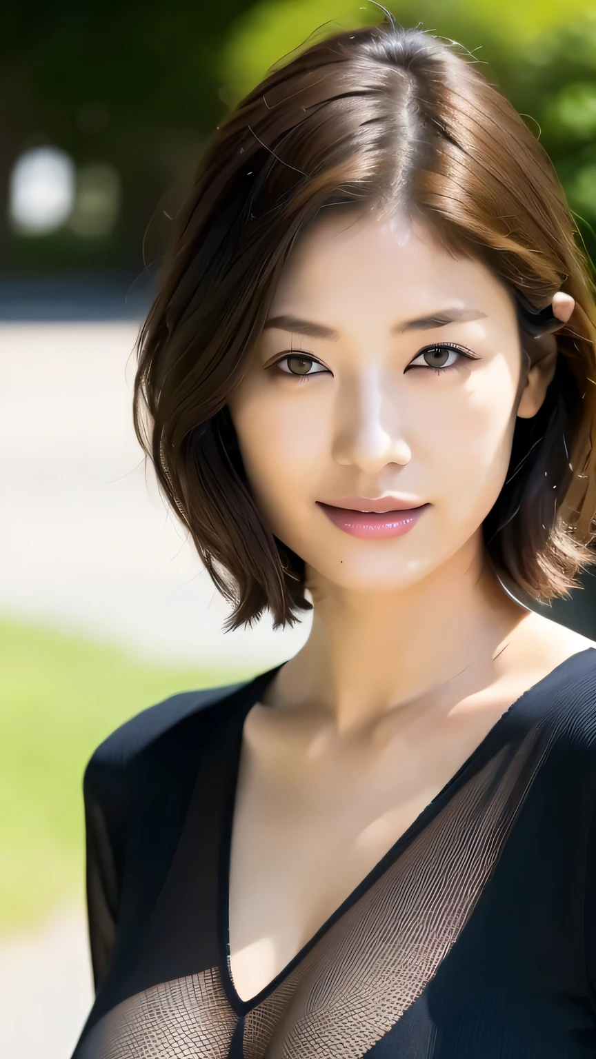 Close-up of a woman in a black dress taking a photo, Gorgeous Young Japanese Woman, Beautiful young Japanese woman, Beautiful Japanese Women, Japanese Girls, Gorgeous Woman, Beautiful Asian Girl, Japanese Model, Japanese female fashion model, Kiko Mizuhara, See-through, Short hair, See-throughドレス, Asian Girl, mesh shirt、、Very small breasts、Became a slime、thin、Natural pose、relaxed、smile