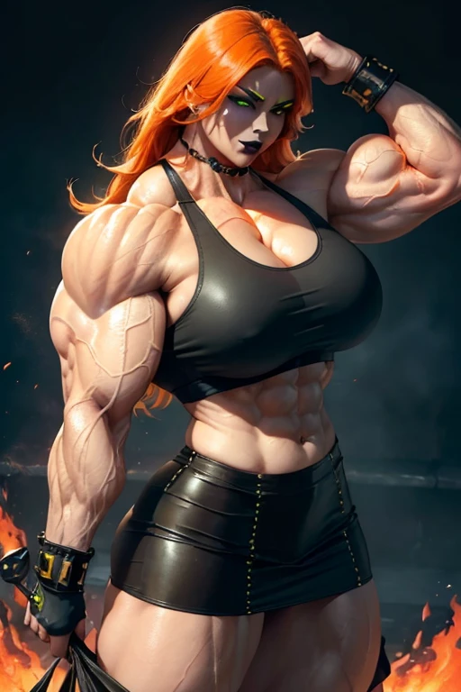 ((((Massive, beautiful, buff, pale white skinned, muscular woman with orange hair, black lipstick, glowing green eyes, ginormous bulky muscles, and wearing a black leather sports bra with loose skirt)))), close view, massive muscles, massive biceps, hyper muscle triceps, (shaggy long hair), green eyes, (studded wristband), (loose skirt), high heels boots, (in a sea of orange flames), surrounded by orange fire, night, smirk, hyper muscles arms, hyper muscle legs, massive arms.