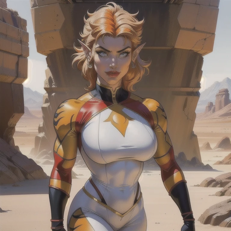 ((best quality)), ((art)), ((realistic)), ((best quality)), ((art)), ((realistic)), female thundercat, Pumyra of thundercats, walking in the desert, looking tired, dressed in long-sleeved tight-fitting clothes with the thundercats symbol in the center (modern style), very beautiful, Pumyra of the thundercats, in a natural and casual style at eye level, Scenic, work of art, (high resolution), original, 8K extremely detailed, (photorealistic: 1.4), flawless face, perfect eyes, symmetrical body shape, smile, elf