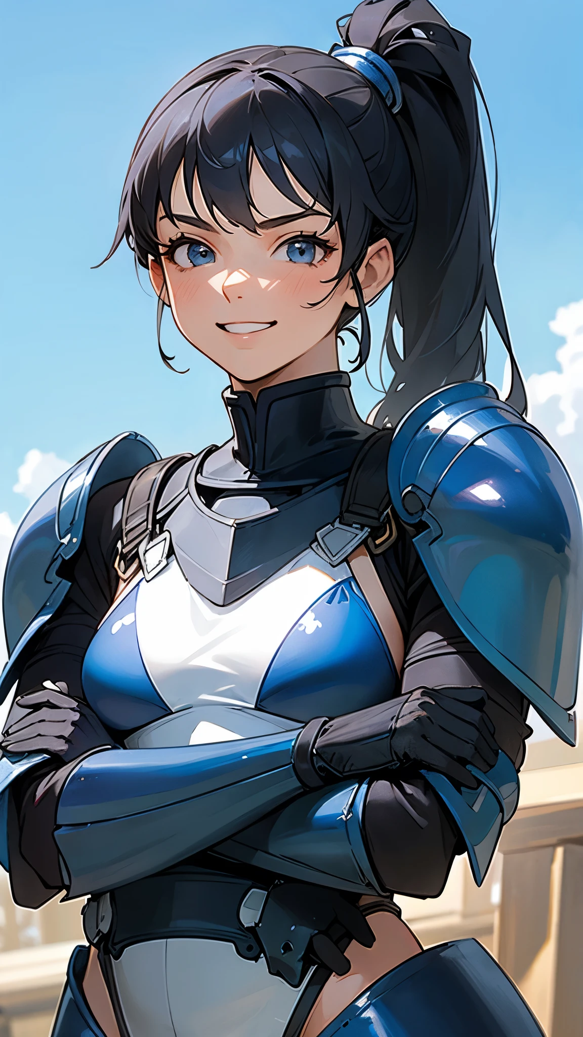 (highest quality,High resolution:1.2),18-year-old girl, Black Hair, Side Ponytail, Grin, Lightweight blue bikini armor, Blue gloves, Relaxed pose, Muscular and slender body、Oily skin、Blue sky background、In front of a block wall、Upper body close-up、Background blur、The depth of the drawn boundaries