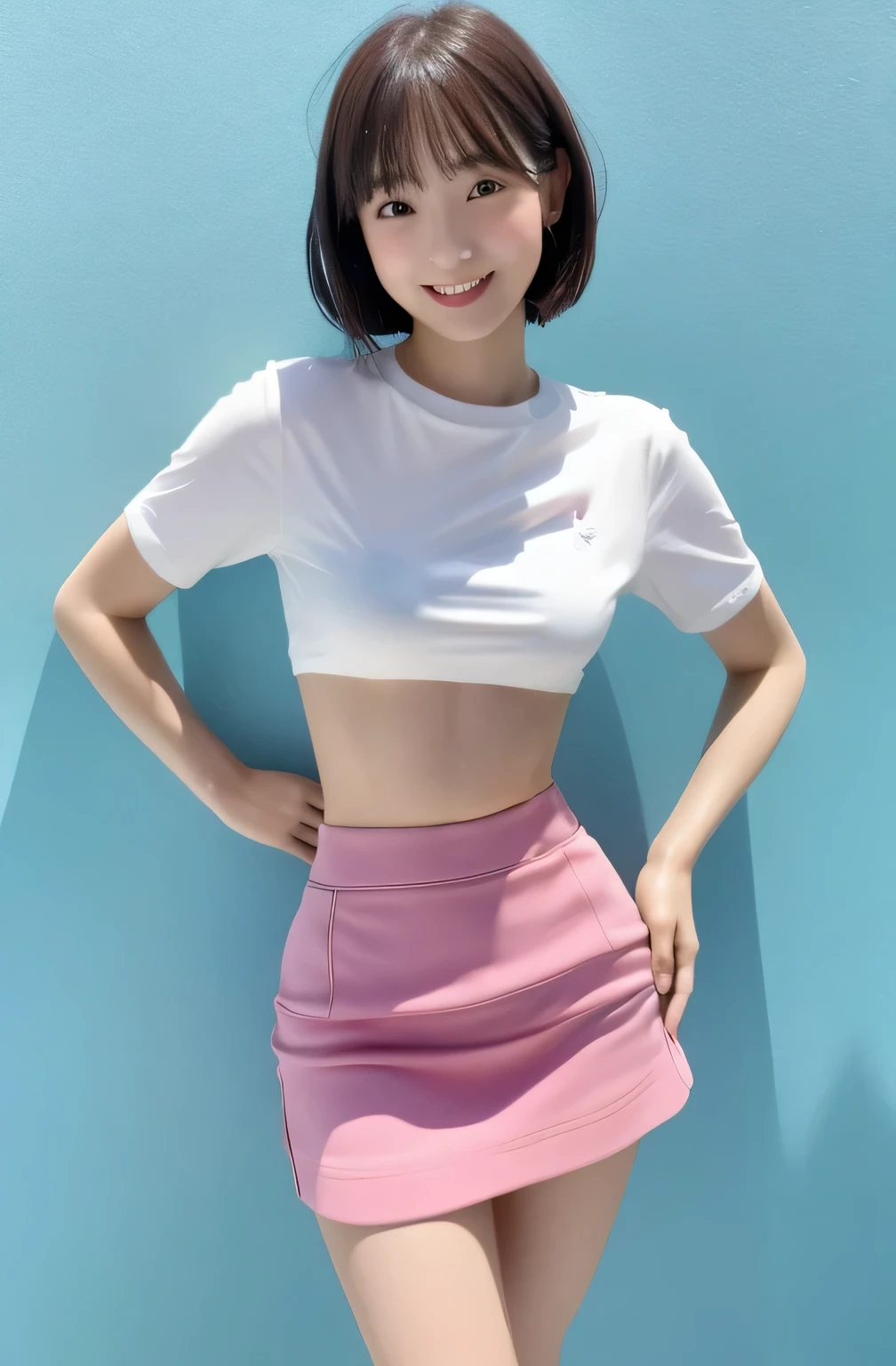 ((Ultra-high resolution,8K)),16 years old、Small breasts, , Bobcut, Light blue mini skirt, White shirt, Front opening of the shirt,Idol Sculpture, Wet, smile、Pink wall、sexy、slender、Shapely small breasts,Nogizaka Idol