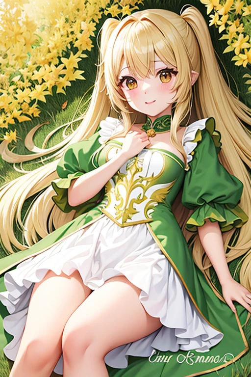 Elfa de anime cabelo loiro dourado, olhos verdes esmeralda, usa magia , roobin verde roupas verdes com branco e detalhes em dourado