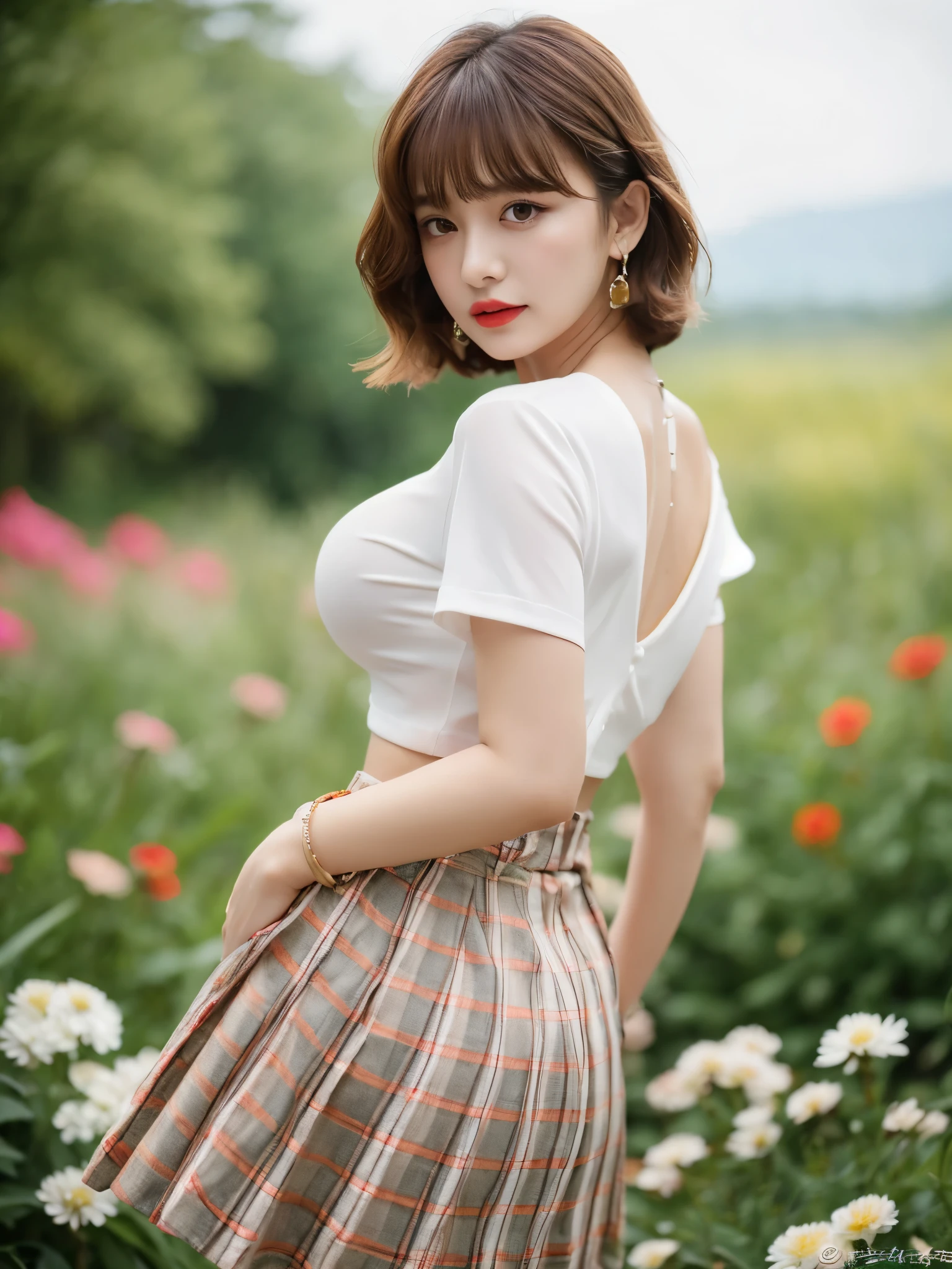 nsfw, 8K raw photo, Best quality, masterpiece, ultra high res, film grain, filmg, 1girl, looking at viewer, natural skin texture, realistic eye and face details, full lips, lipstick, (makeup), red eyeshadow, fluffy short hair, messy hair, close mouth, beautiful legs, tall female, skinny, slim_legs, solo, enormous breast, cleavage, Pose with buttocks facing you, HUGE butt, ultra short skirt, huge ass, shirt, beautiful nature location, around flower location, (detailed background), plaid skirt, white shirt, enormous breast, cleavage, Show a little cleavage through the shirt, loafers, blurry background, blurry, holding, plaid, short sleeves, jk ribbon on the neck, jk ribbon, brown hair, bracelet, water, bangs, , jewelry, parted lips, lips, from side, pleated skirt, depth of field