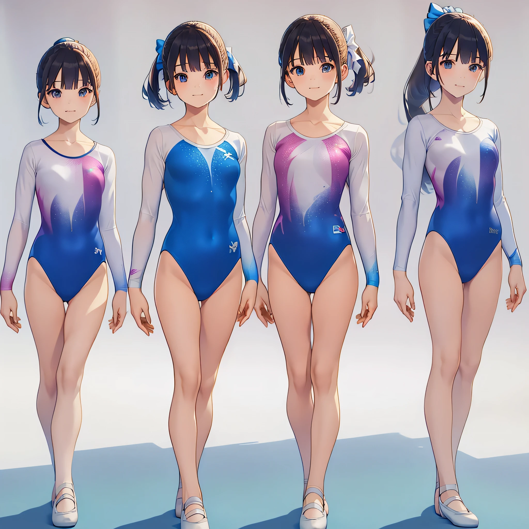 Gymnastics club,(4 girls:1.3),(long sleeves leotard:1.3),(rainbow print leotard:1.3),(white leotard),full body, pony tail, blue ribbon, long hair, (over 16 years old, under 19 years old:1.2), ballet shoes, white background