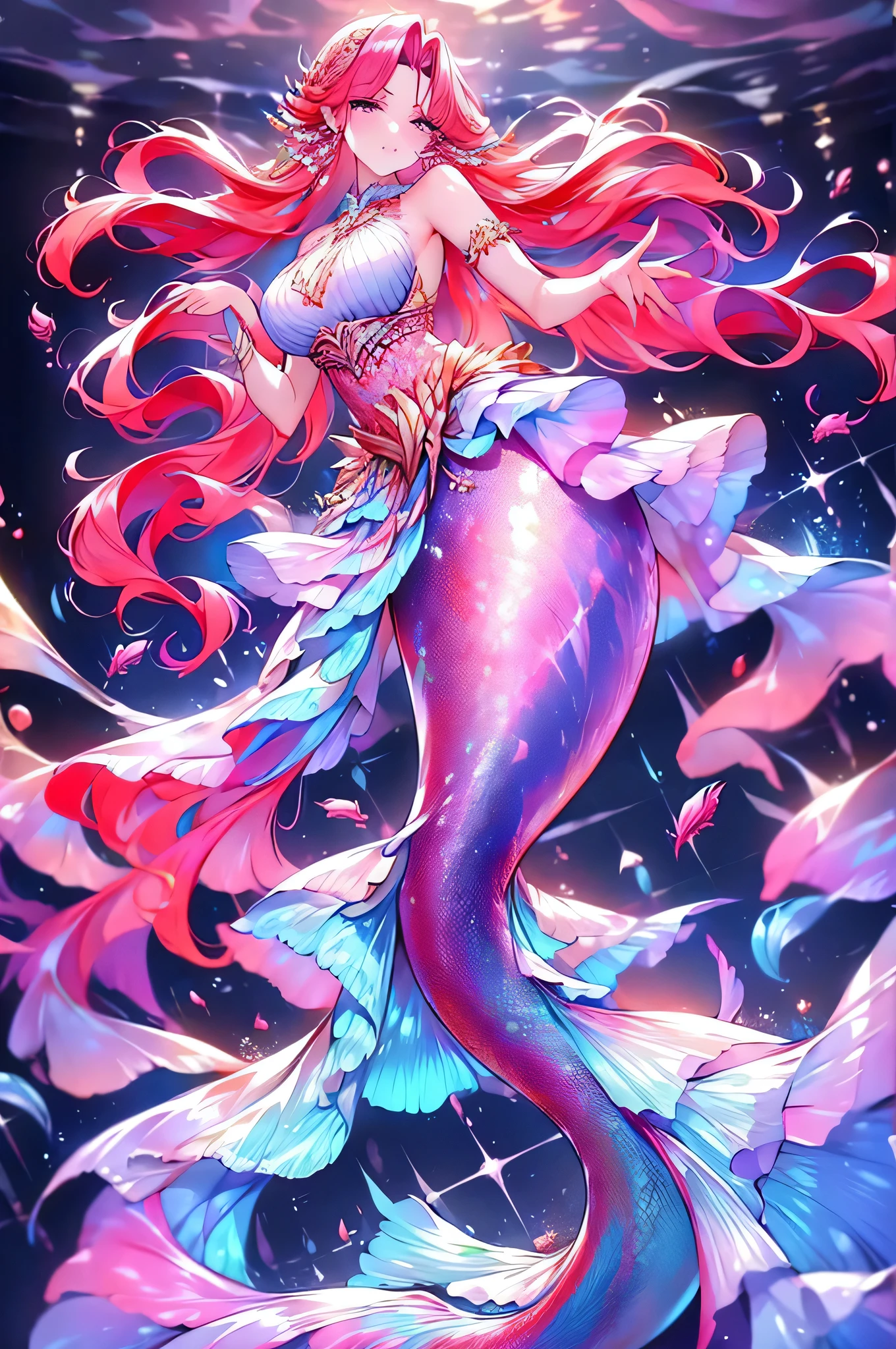 exquisite facial features, a woman Model wearing a fishtail skirt, Professional clothing design, Mermaid themed clothing design, complementary hairstyles with pearls, red hair,skin with scales, delicate embellishments, gradient with red pink and white skirt, there are many details on the clothing,Artistic aesthetics,smooth cloth,The skirt is inlaid with many broken bricks,haute couture dresodel catwalk,Professional model, Professional model, Sleeveless skirt, Two straps touching the floor,Light blue sleeve full body photo,The background is performance.
