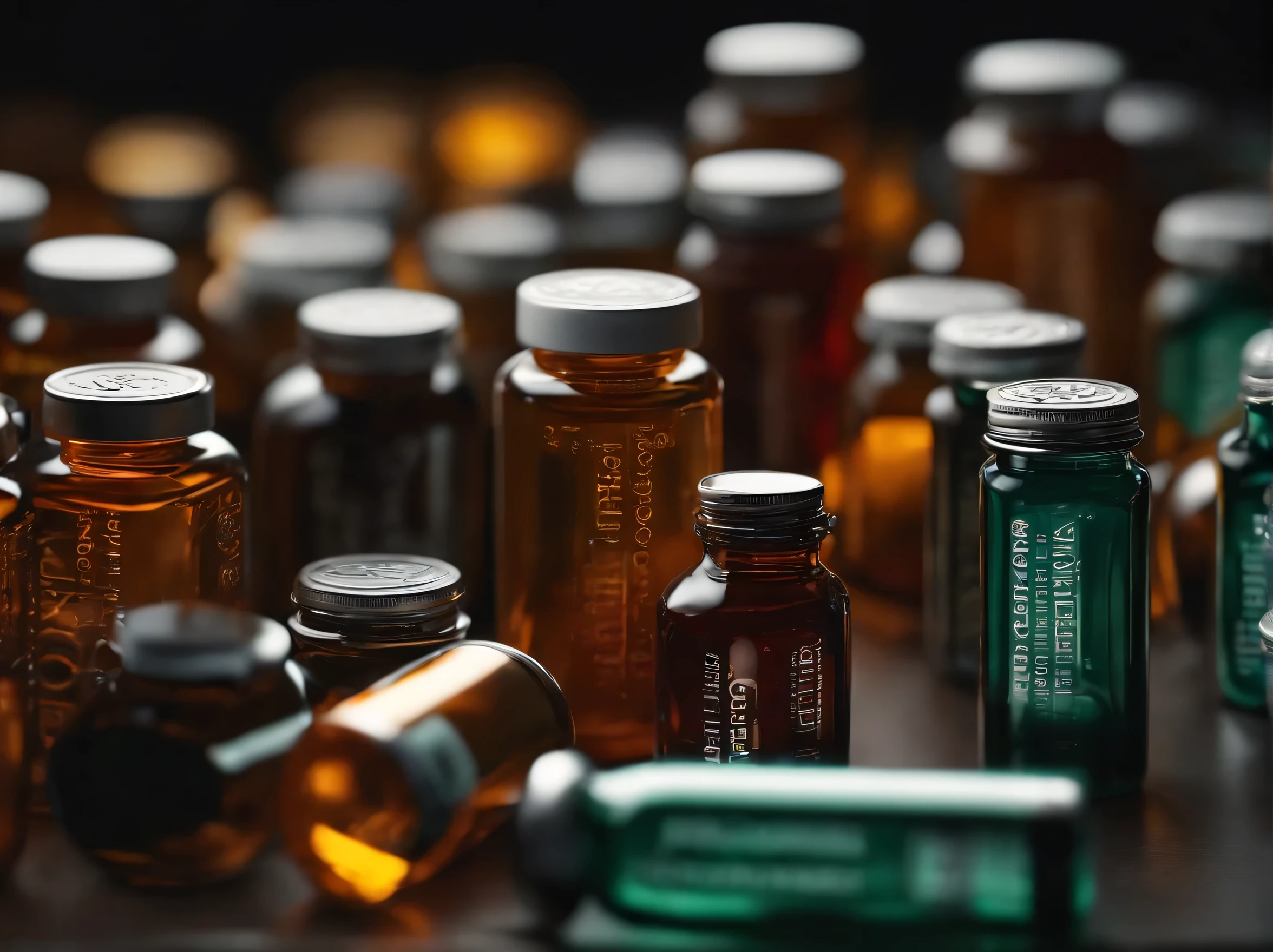 pill bottles on a metal table, the bottles are all the same and have a label that says "Pervitin", Ultra detailed, hyper realistic, 4k, Ultra detailed image, realistic, Highly detailed, perfect composition, splendid, Intricately detailed, Incredibly detailed, 8k art photography, hyper detailed, Masterpiece, Ultra detailed, hyper realistic, 4k, ultra detailed image, realistic, highly detailed, perfect composition, splendid, intricately detailed, incredibly detailed, photography 8k artistic, hyper detailed, masterpiece